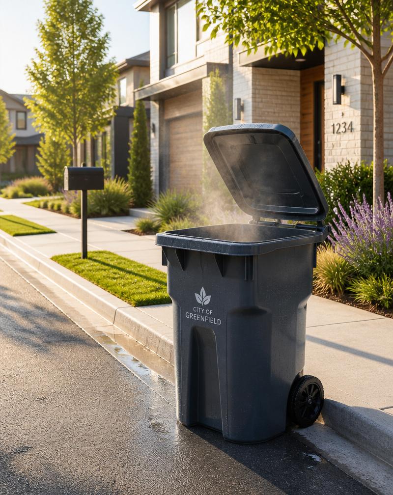 A sparkling clean residential trash bin steaming lightly in the morning sun